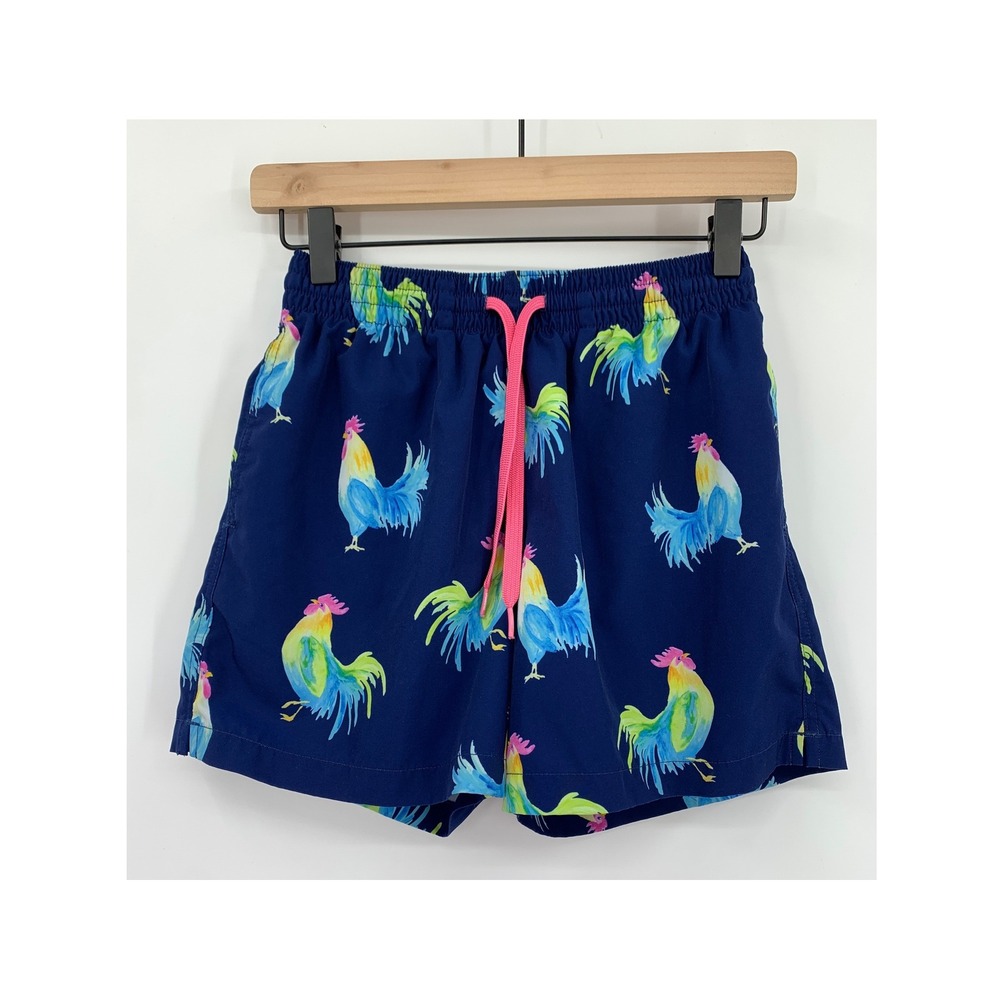 chubbies Navy Swim Trunks with Neon Rooster Print
